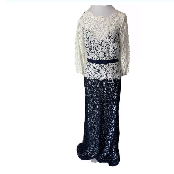 tadashi shoji navy blue lace gown
